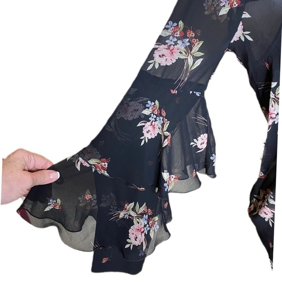 Zara Basic Z1975 Denim Top Sheer Floral Black Small - Picture 5 of 12